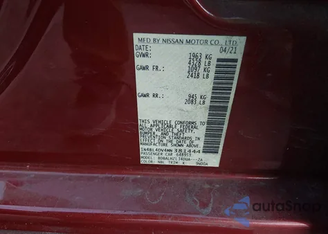 2021 Nissan Altima Sv Fwd из США, поврежденный, VIN 1N4BL4DV4MN381444